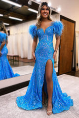 Royal Blue Glitter Mermaid Prom Dress with Feathers and Sequins Off-the-Shoulder Long Gown