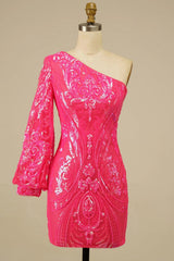 Hot Pink Beaded Sequins One Shoulder Tight Homecoming Dress/Mini Dress