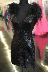 Sparkly Black Sequins Tight Short Homecoming Dress/Mini Dress with Feathers
