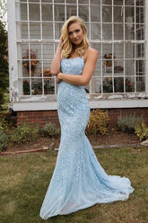 Backless Prom Dress with Blue Spaghetti Straps