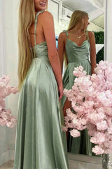 Light green long A-line prom dress with spaghetti straps and slit