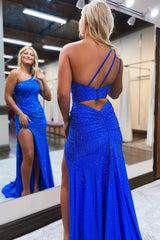 Red One-Shoulder Long Prom Dress with Beaded Sheath
