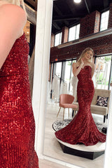 Burgundy Sequined Sweetheart Mermaid Prom Gown with a Sweep Train