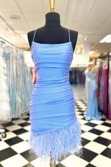 Glitter Light Blue Feathered Tight Short Homecoming Dress/Mini Dress