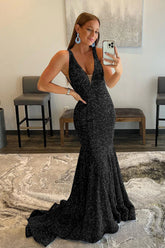 Black Sequined Long Prom Dress with Mermaid Deep V Neckline