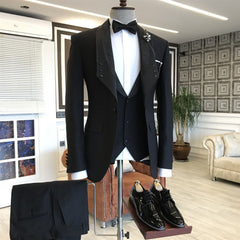 Elegant Three-Piece All-Black Shawl-Lapel One-Button Wedding Suits for Grooms