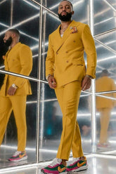 Stylish Slim Fit Yellow Double-Breasted Prom Attire for Guys