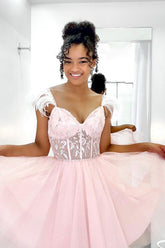 Glitter Pink A-Line Corset Tulle Short Homecoming Dress/Mini Dress with Feathers