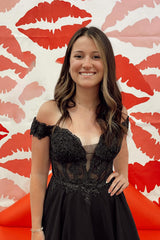 Sparkly Black Off the Shoulder A-Line Chiffon Short Homecoming Dress/Mini Dress with Lace