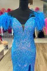 Sparkling Mermaid Off-Shoulder Long Prom Dress in Hot Pink/Blue with Feather Accents