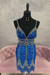 Royal Blue Sequined Homecoming Dress/Mini Dress With Fringes