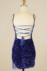 Royal Blue Sequined Tight Homecoming Dress/Mini Dress with Fringes