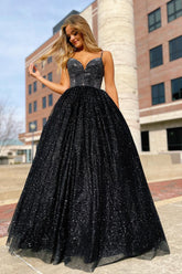 A-Line Prom Dress with Sparkly Black Spaghetti Straps