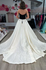 Elegant Strapless Black and White A-Line Prom Dress with Sweep Train