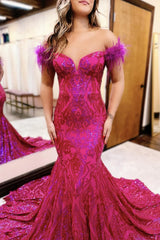 Long Off the Shoulder Mermaid Prom Dress in Sparkly Hot Pink with Sequins and Feather