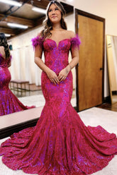 Long Off the Shoulder Mermaid Prom Dress in Sparkly Hot Pink with Sequins and Feather