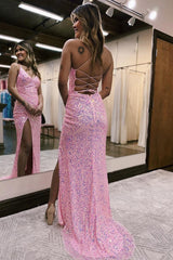 Long Pink Mermaid Prom Dress with Sparkly Sequins and Spaghetti Straps Featuring a Slit
