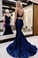 Satin Long Prom Dress in Navy with Mermaid Cut and Deep V Neckline Featuring Appliques