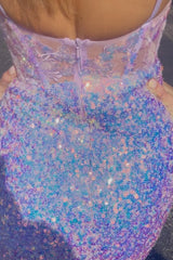 Sparkly Lilac Spaghetti Straps Corset Tight Short Homecoming Dress/Mini Dress