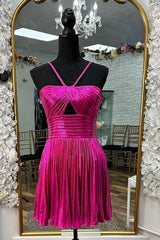 Sparkly Fuchsia A-Line Halter Pleated Short Homecoming Dress/Mini Dress