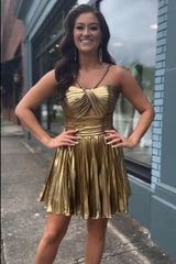 Golden A Line Halter Short Homecoming Dress/Mini Dress