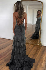 Black Sparkly Mermaid Prom Dress with Beaded Spaghetti Straps and Tiered Slit