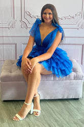 A Line Royal Blue Short Homecoming Dress/Mini Dress With Ruffles
