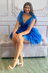 A Line Royal Blue Short Homecoming Dress/Mini Dress With Ruffles