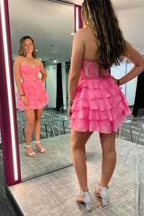 Sparkly A Line Pink Strapless Corset Short Homecoming Dress/Mini Dress with Ruffles