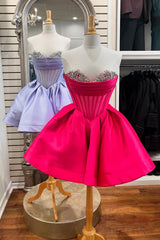 Trendy Fuchsia Corset A Line Strapless Short Homecoming Dress/Mini Dress with Beadings