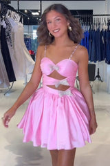 A Line Pink Spaghetti Straps Tiered Short Homecoming Dress/Mini Dress with Bow