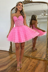 Pink A Line Strapless Tiered Short Homecoming Dress/Mini Dress With Appliques