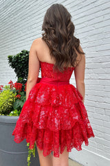 Sparkly A Line Red Strapless Corset Short Homecoming Dress/Mini Dress with Bow