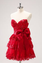 Sparkly A Line Red Strapless Short Homecoming Dress/Mini Dress with Bow