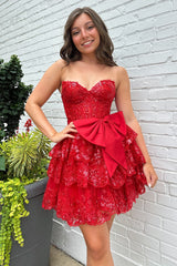 Sparkly A Line Red Strapless Corset Short Homecoming Dress/Mini Dress with Bow
