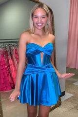 Royal Blue A Line Strapless Corset Short Homecoming Dress/Mini Dress with keyhole