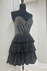 Sparkly Black Pink A Line Corset Strapless Tiered Short Homecoming Dress/Mini Dress