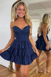 Sparkly Navy Sweetheart Corset Short Homecoming Dress/Mini Dress With Ruffles