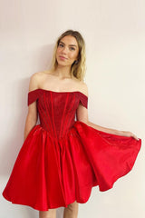 Red Sparkly Off The Shoulder Corset A Line Short Homecoming Dress/Mini Dress
