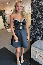 Sparkly A-Line Black Strapless Satin Short Homecoming Dress/Mini Dress with Bow