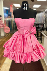 Fluffy Fuchsia Strapless A Line Tiered Short Homecoming Dress/Mini Dress with Bow