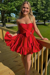 A Line Fuchsia Strapless Tiered Short Homecoming Dress/Mini Dress with Bow