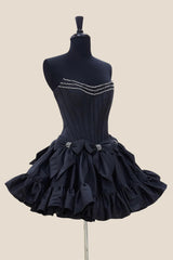 Black Corset Strapless A Line Short Homecoming Dress/Mini Dress With Bows