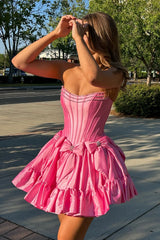 Pink A Line Corset Strapless Short Homecoming Dress/Mini Dress With Bows