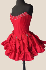A Line Red Strapless Corset Short Homecoming Dress/Mini Dress With Bows