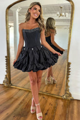 Black Corset Strapless A Line Short Homecoming Dress/Mini Dress With Bows