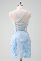Sparkly Light Blue Sequins Corset Tight Short Homecoming Dress/Mini Dress