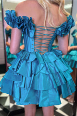 Blue Off The Shoulder Corset Short Homecoming Dress/Mini Dress With Ruffles
