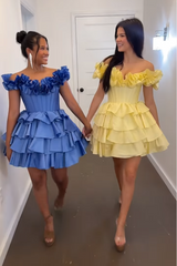 A -Line Off The Shoulder Golden Corset Short Homecoming Dress/Mini Dress with Ruffles