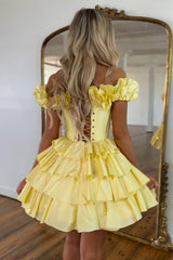 Yellow Off The Shoulder Corset Short Homecoming Dress/Mini Dress With Ruffles